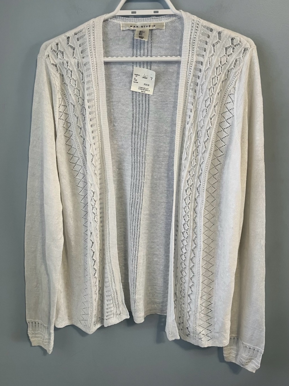 NWT Max Studio White 100% Linen Open Front Pointelle Knit Cardigan Size L